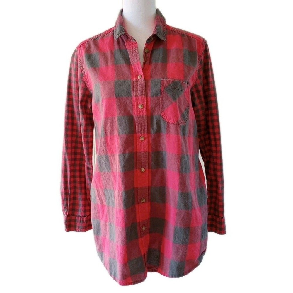 American Eagle Jegging Shirt Pink Gray Plaid Button Front Distressed Long Sleeve